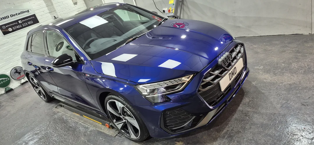 Navarra Blue Audi A3 Sportback after new car ceramic coating detail in Paisley workshop