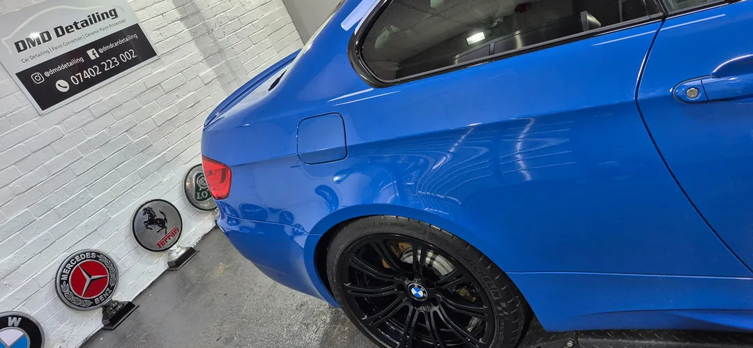 Close-up of glossy paintwork on this BMW M3 after machine polishing, at DMD Car Detailing in Paisley near Glasgow