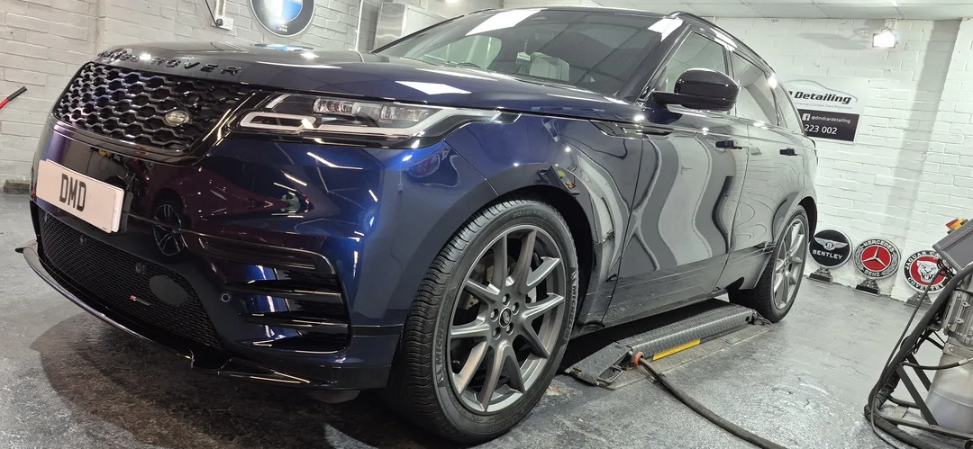 Range Rover Velar P400 front three-quarter view, fully corrected and ceramic coated
