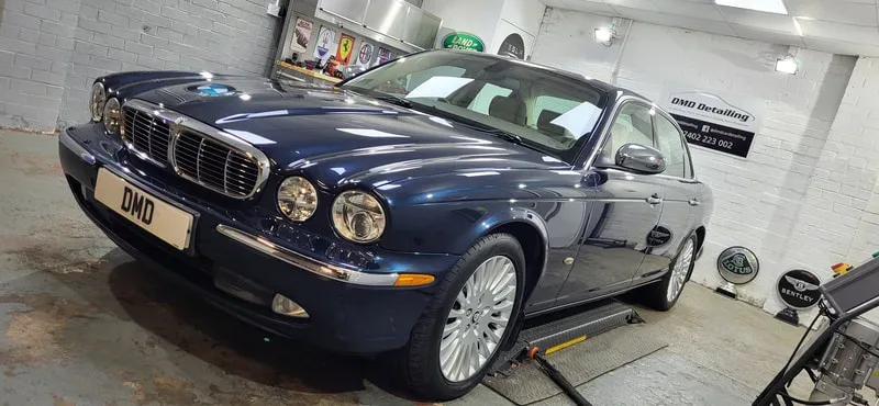 Jaguar XJ after undergoing machine polishing and ceramic coating at DMD Car Detailing in Paisley near Glasgow.