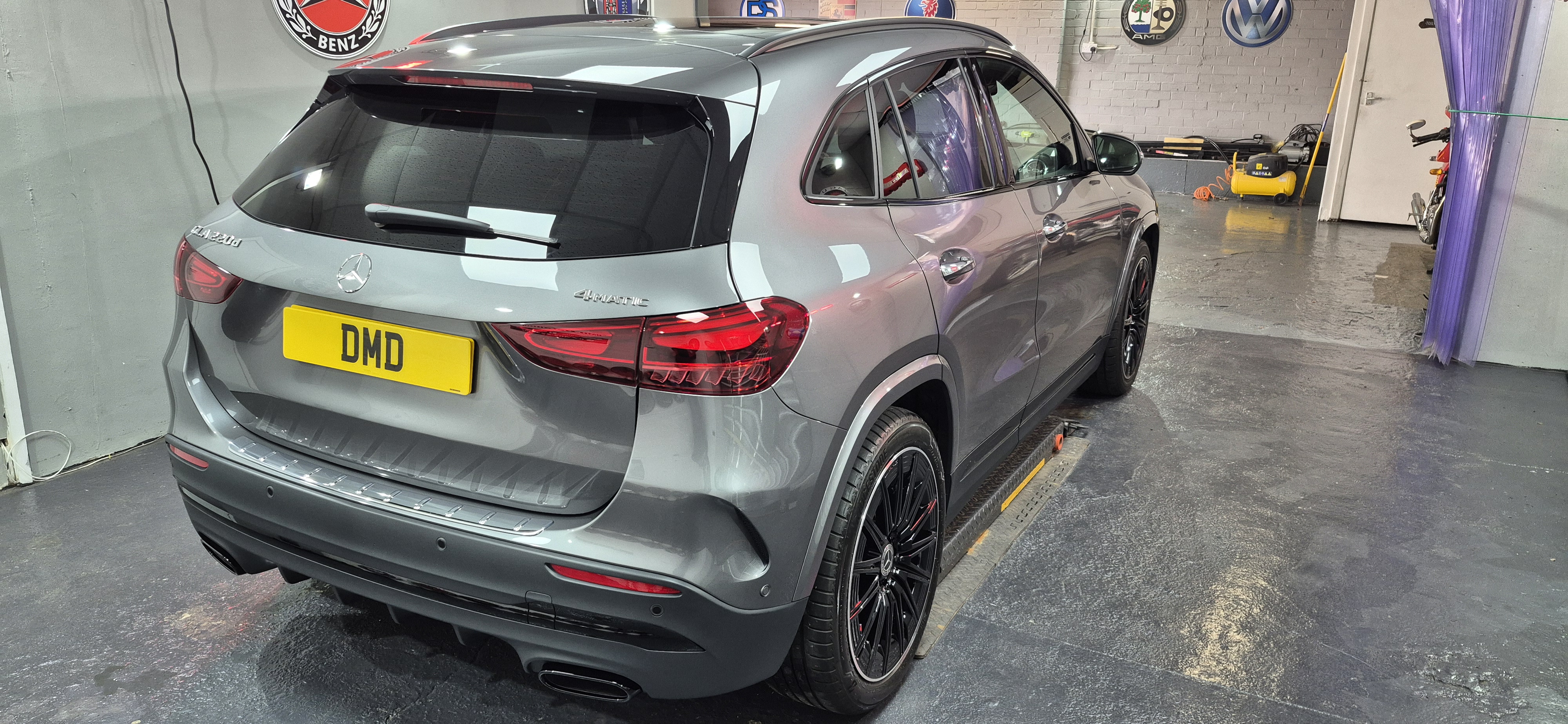 Mercedes GLA rear view showing glossy, protected Mountain Grey finish