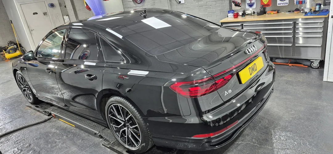 Reflective finish on Audi A8 Quattro tailgate after ceramic coating