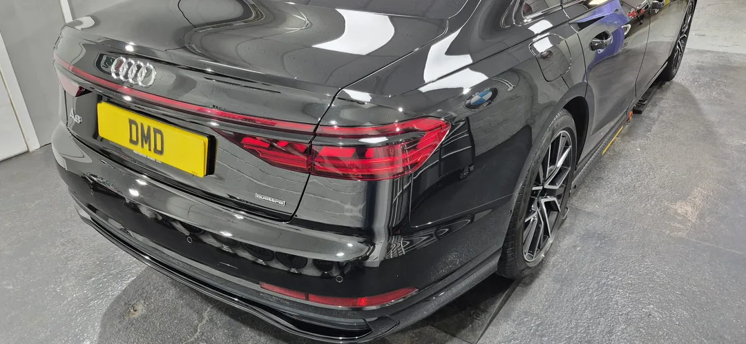 Reflective finish on Audi A8 Quattro tailgate after ceramic coating at DMD Car Detailing in Paisley