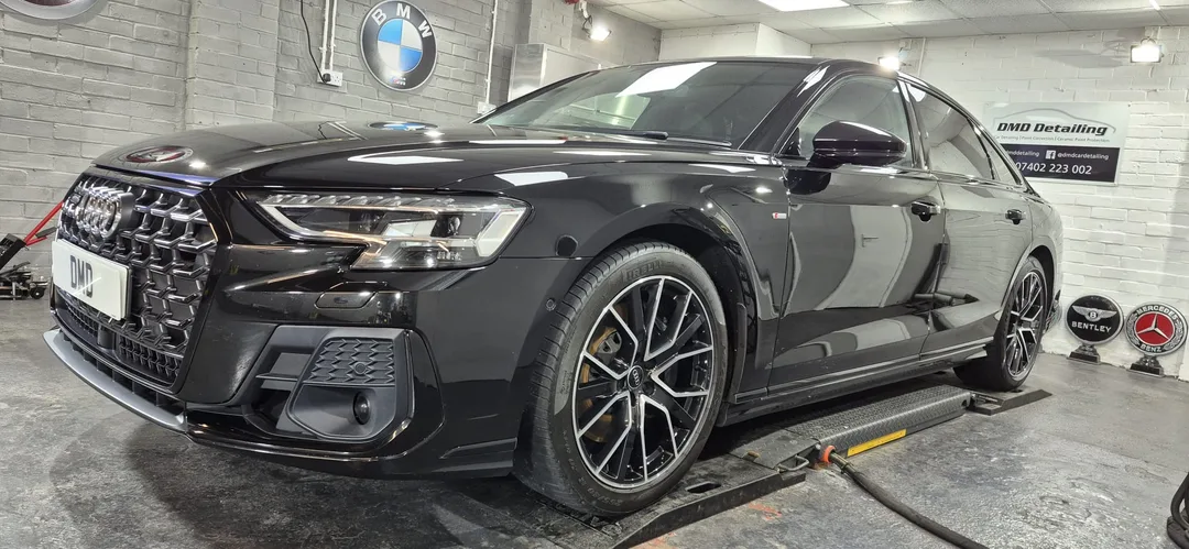 Finished Mythos Black Metallic Audi A8 Quattro after two-stage machine polish and Feynlab V2 ceramic coating