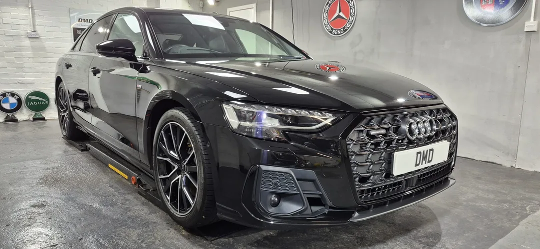 Finished Mythos Black Metallic Audi A8 Quattro after two-stage machine polish and ceramic coating
