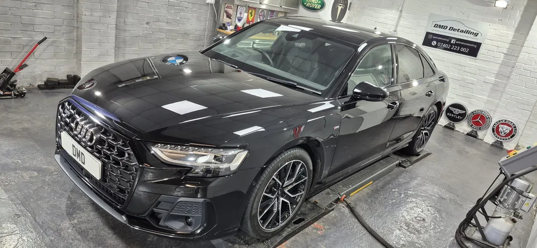 Mythos Black Metallic Audi A8 Quattro after two-stage machine polish and Feynlab V2 ceramic coating in Paisley