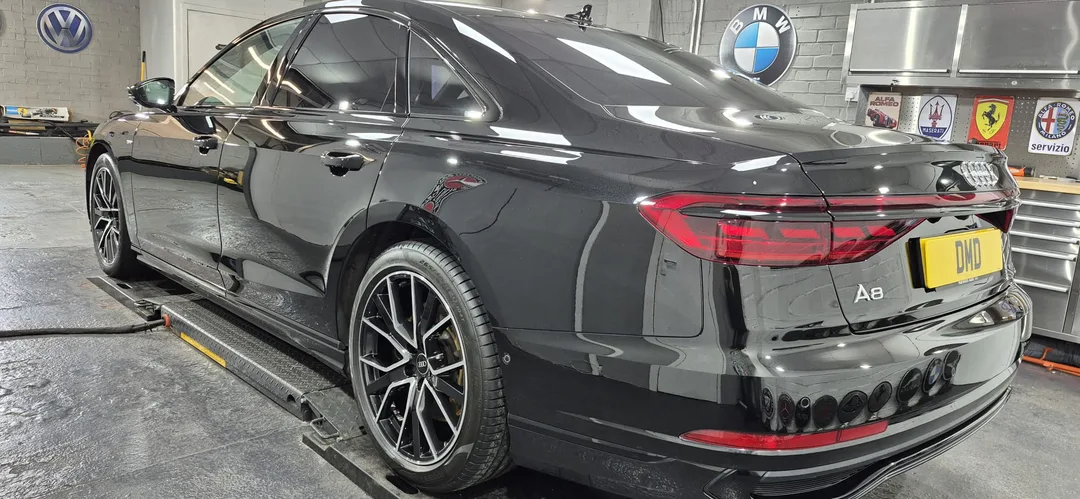 Finished Mythos Black Metallic Audi A8 Quattro after two-stage machine polish and ceramic coating at DMD Car Detailing