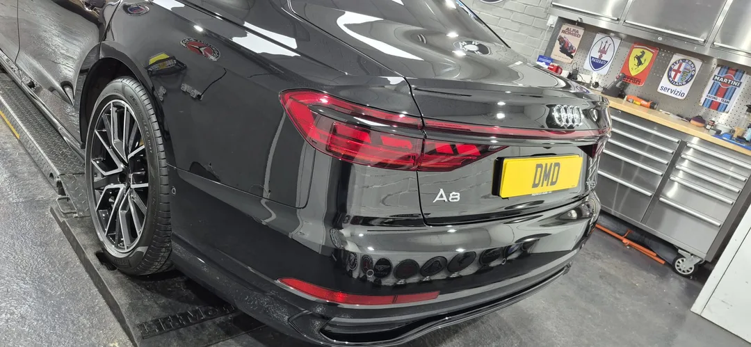 Finished Mythos Black Metallic Audi A8 after two-stage machine polish and Feynlab V2 ceramic coating